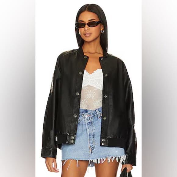 Free People We The Free Wild Rose Vegan Leather Bomber Jacket Black Oversized L